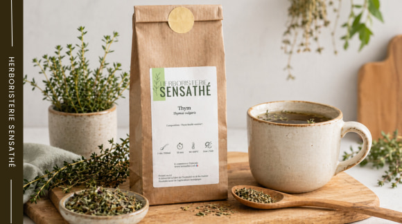 infusion digestive à base de thym bio après les repas pour soulager le ventre - Herboristerie Sensathé